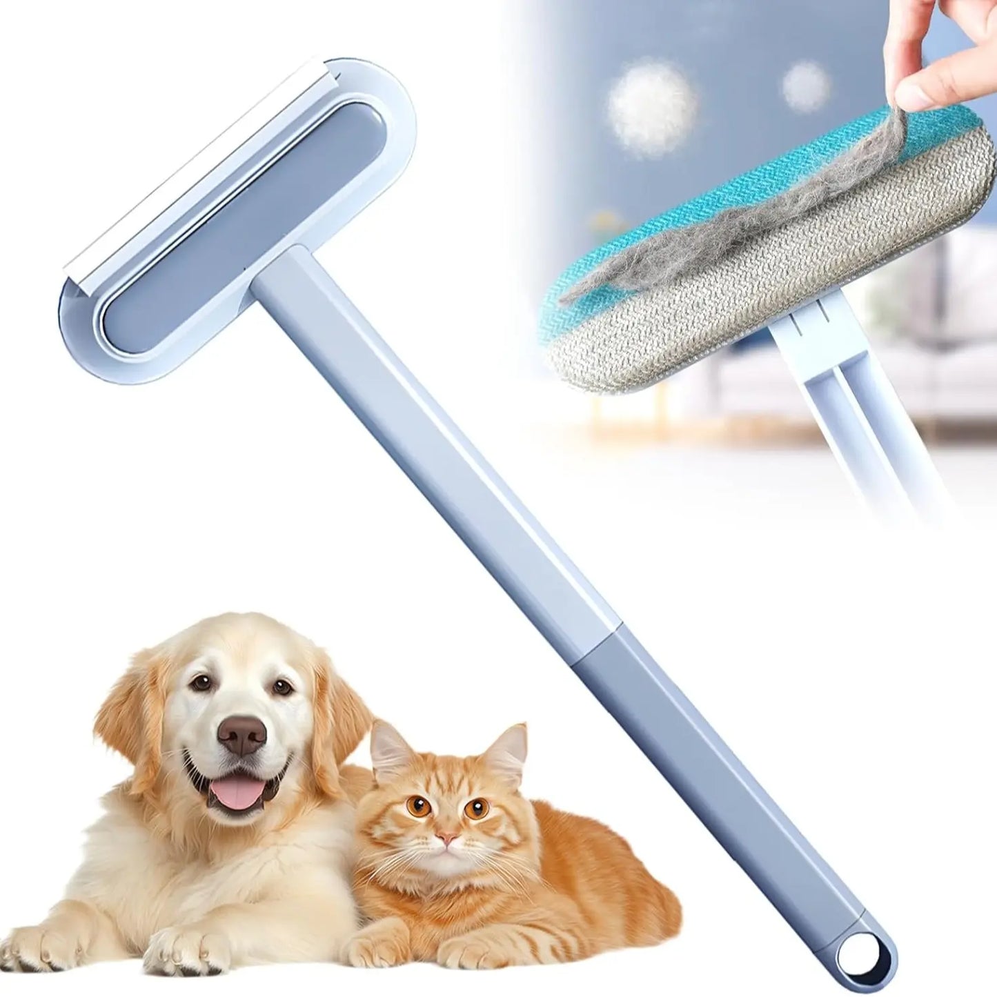 4-in-1 Ergonomic Pet Hair Remover Brush with Adjustable Long Handle for Furniture, Carpets, and Clothing - Reusable and Washable Lint Brush