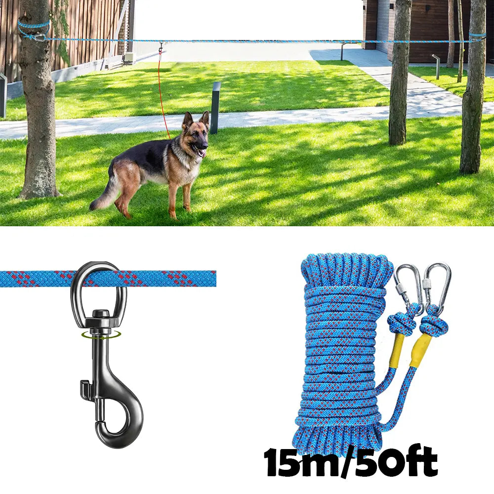 50Ft Dog Tie Out Cable for Camping, 50Ft Portable Trolley System for Small Medium Large Dogs up to 250Lbs, Lead for 2 Dogs, Dog Runner for Yard Camping Training Running Hiking Outdoor