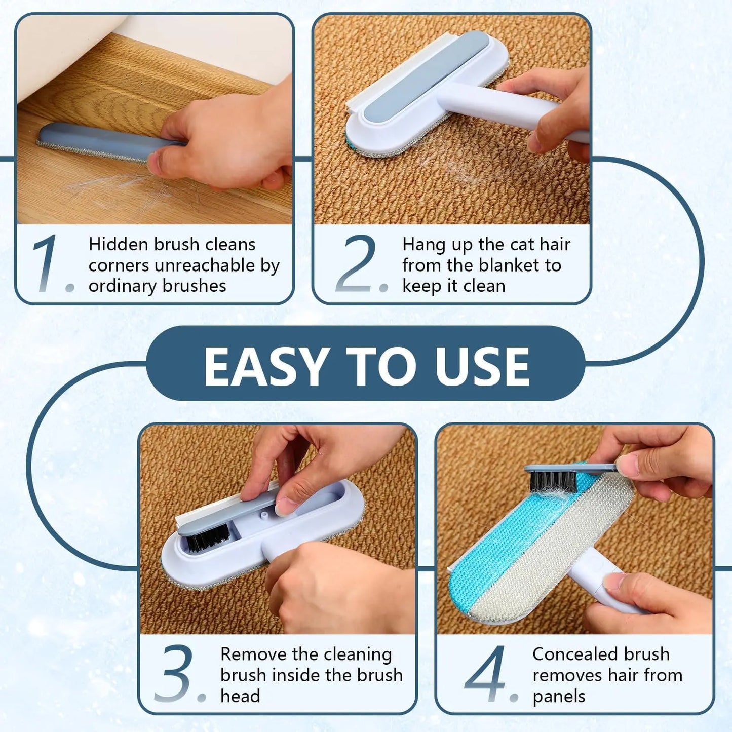 4-in-1 Ergonomic Pet Hair Remover Brush with Adjustable Long Handle for Furniture, Carpets, and Clothing - Reusable and Washable Lint Brush