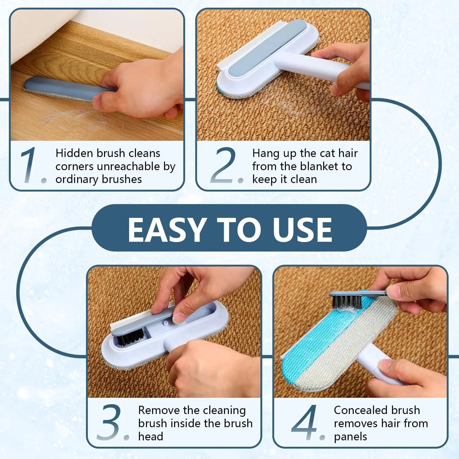4-in-1 Ergonomic Pet Hair Remover Brush with Adjustable Long Handle for Furniture, Carpets, and Clothing - Reusable and Washable Lint Brush