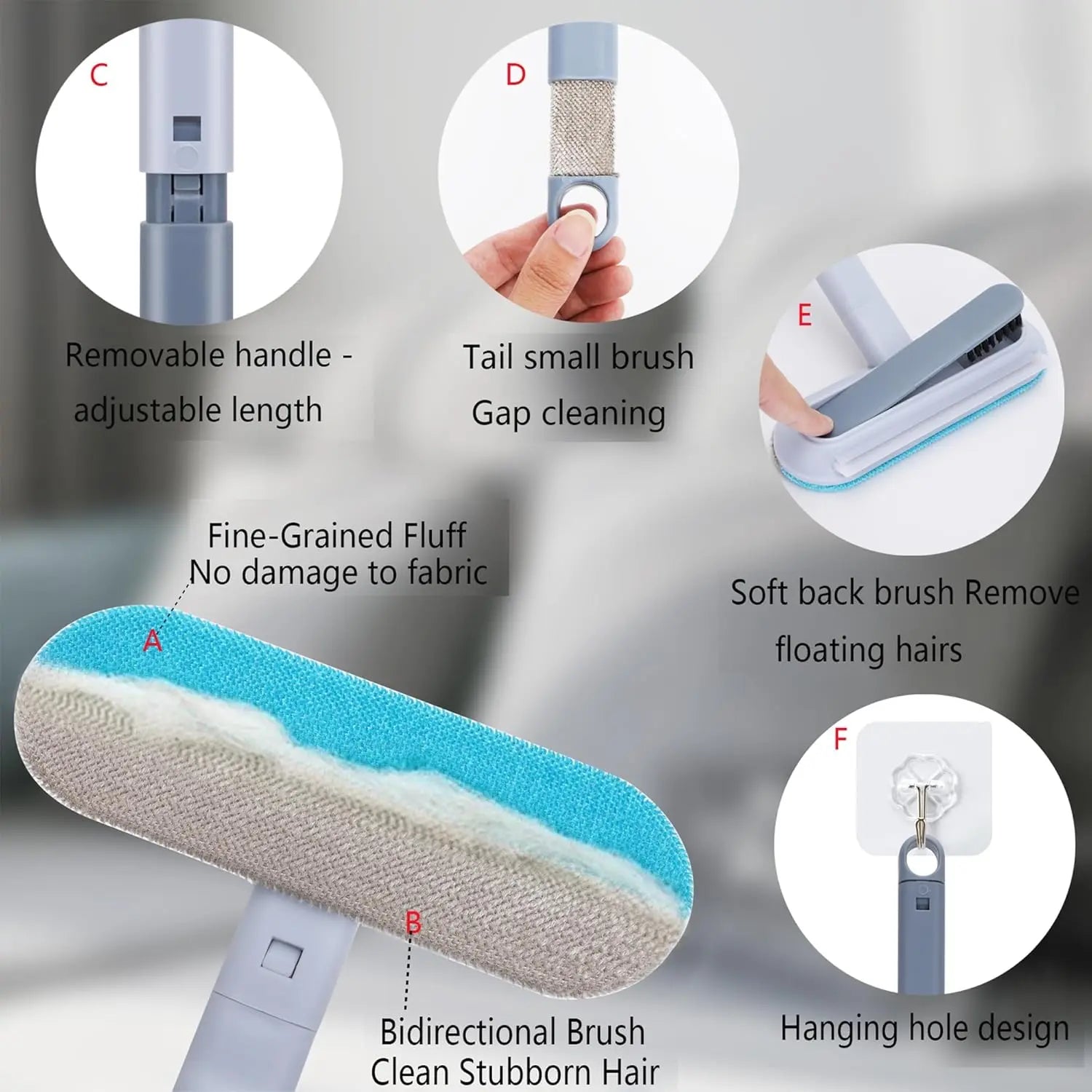 4-in-1 Reusable Lint Remover Broom with 17.7-Inch Standard Handle for Pet Hair Removal from Furniture and Car Seats