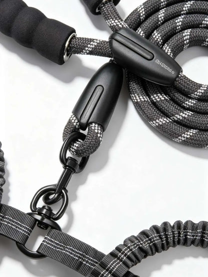 Dual Dog Leash - Tangle-Free, Shock-Absorbing Bungee Leash with Reflective Strips for Small, Medium, and Large Dogs, Compatible with No Pull Harnesses