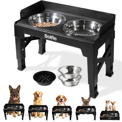 Adjustable Elevated Dog Bowl Stand with 2 Stainless Steel Bowls and 1 Slow Feeder, Suitable for Small to Large Dogs (Height Adjustable from 3.2" to 12.2")