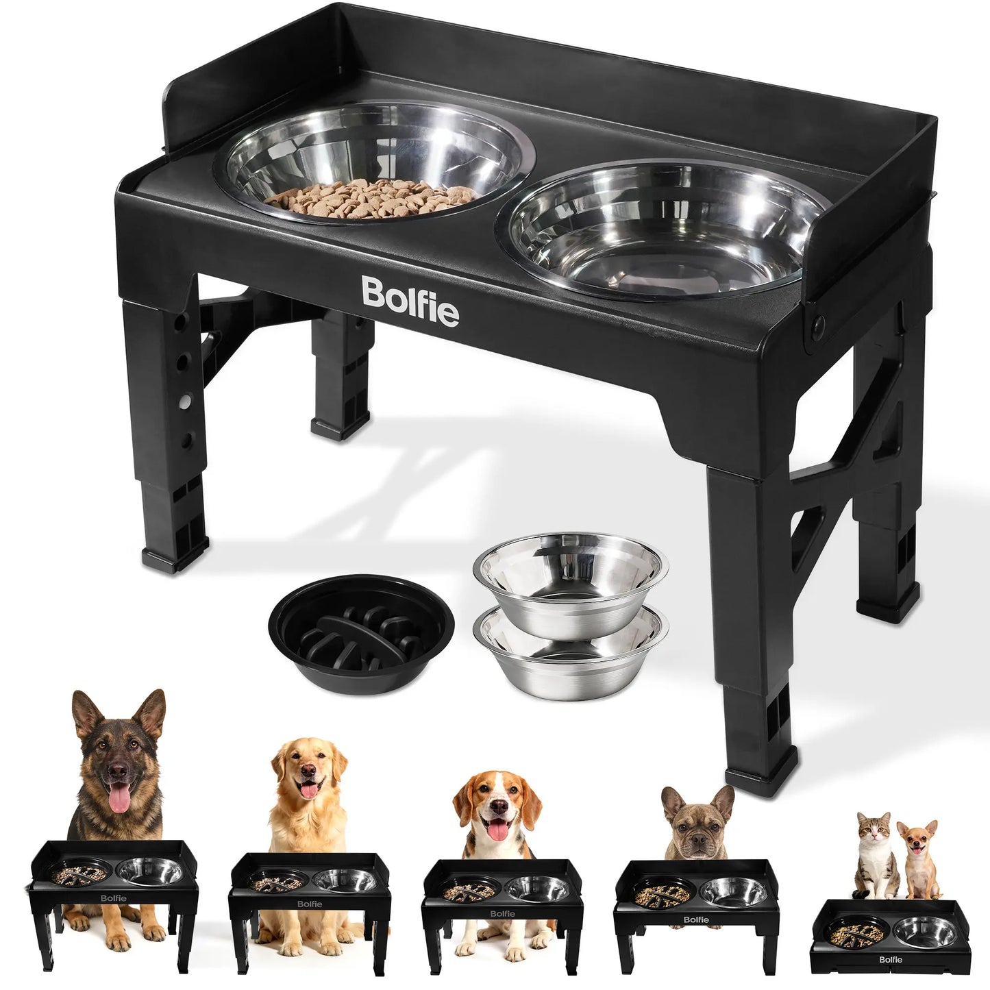 Adjustable Elevated Dog Bowl Stand with 2 Stainless Steel Bowls and 1 Slow Feeder, Suitable for Small to Large Dogs (Height Adjustable from 3.2" to 12.2")