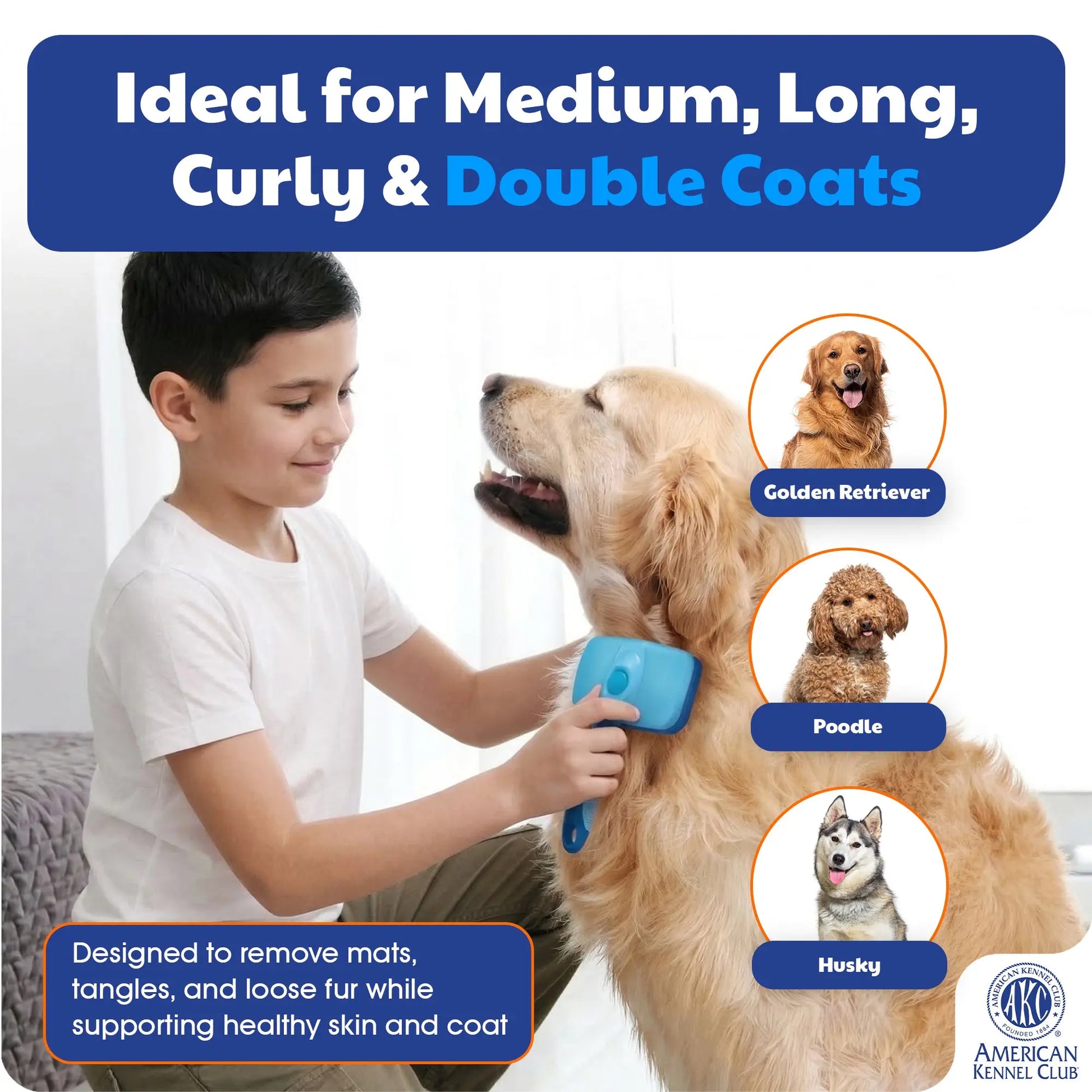 American Kennel Club Retractable Bristle Self-Cleaning Grooming Brush for Dogs and Cats