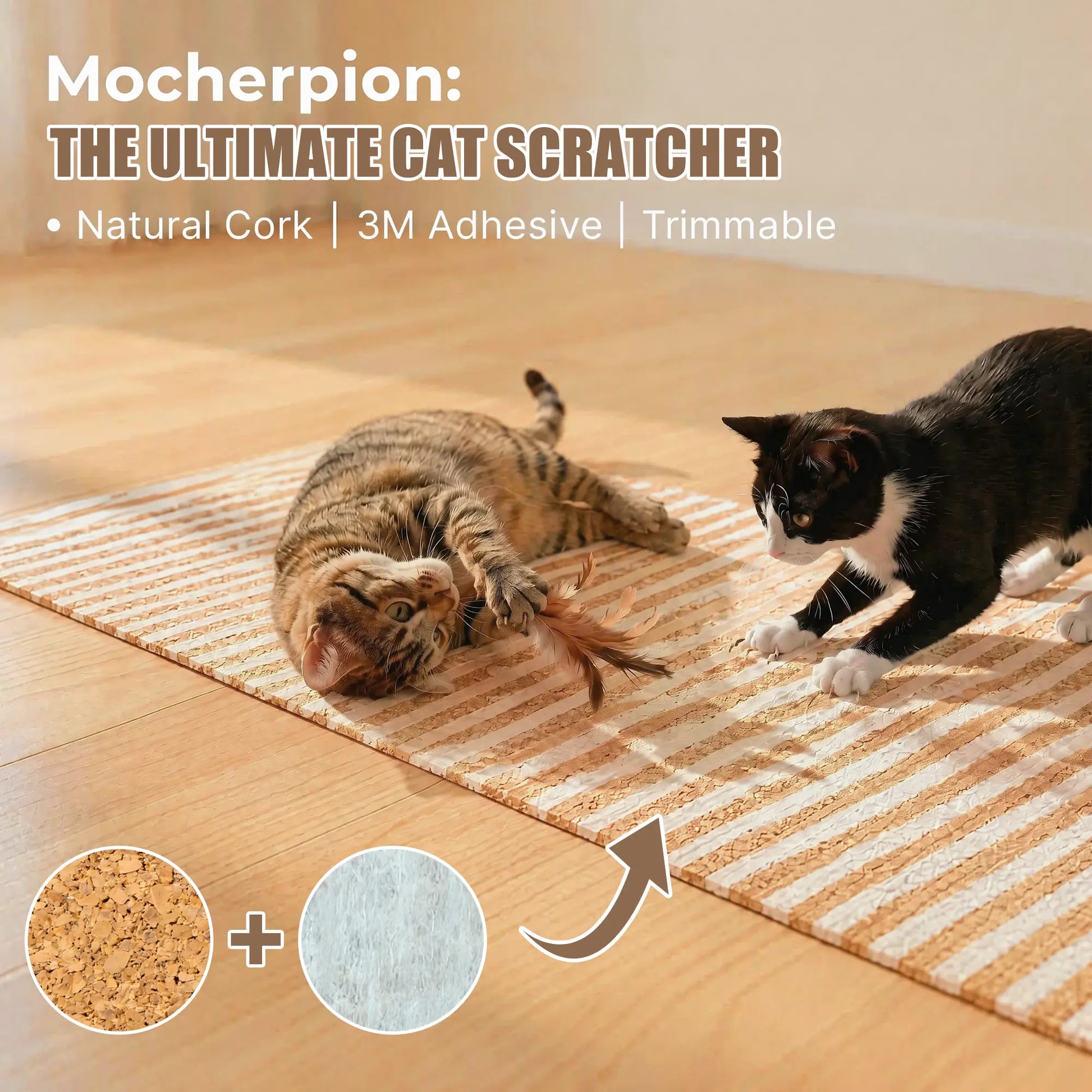 Enhanced Natural Cork and Felt Cat Scratching Mat, Durable Furniture Protector with 3M Adhesive, Customizable Fit for Sofa, Floor, and Wall, Eco-Friendly Cat Toy by Mocherpion