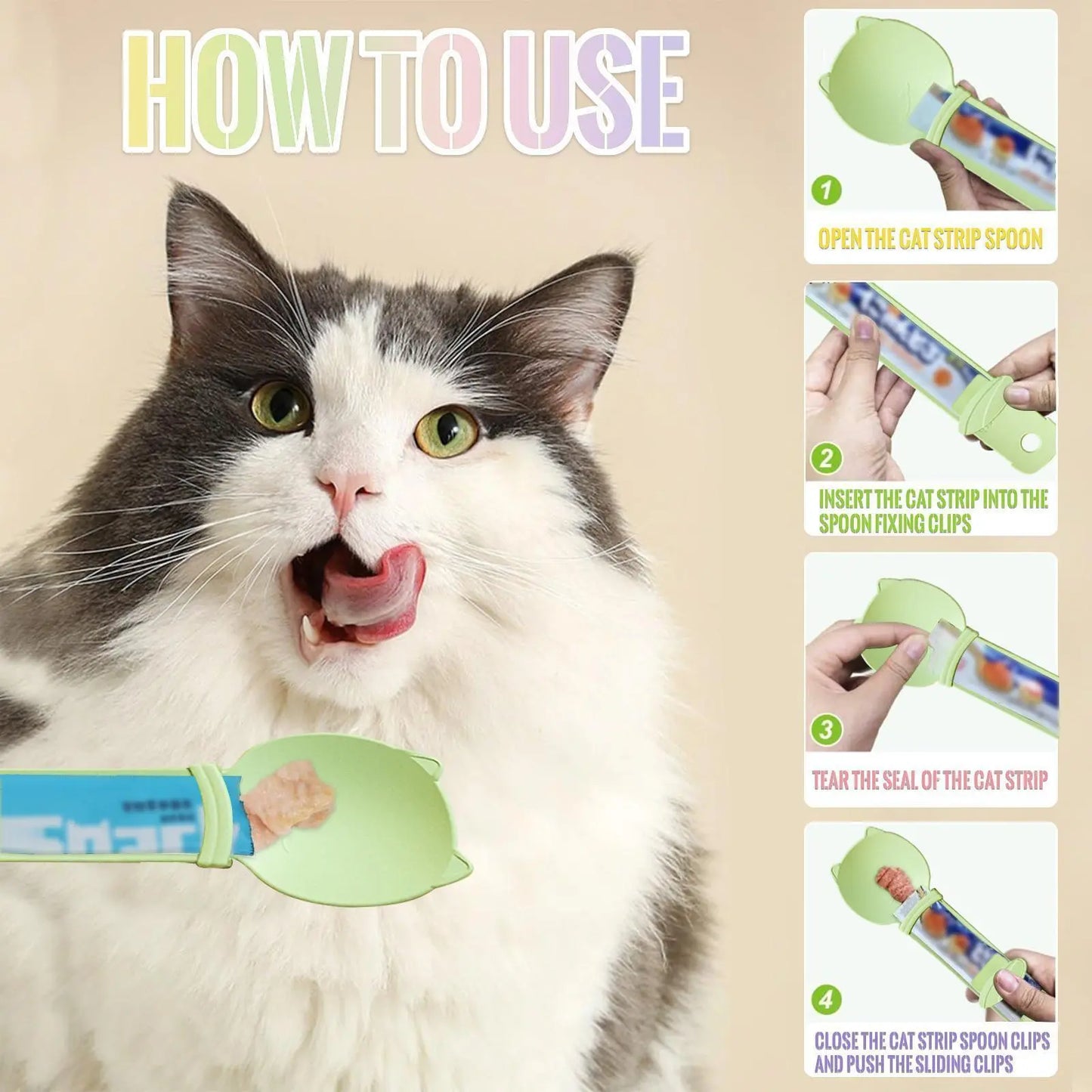 4 Counts Cat Treat Spoon Multifunctional Dispenser for Wet Food, Licky Treats Squeeze & Puree Tubes, Easy Feeding and Storage with with Extra Long Handle Design, Cat Accessories