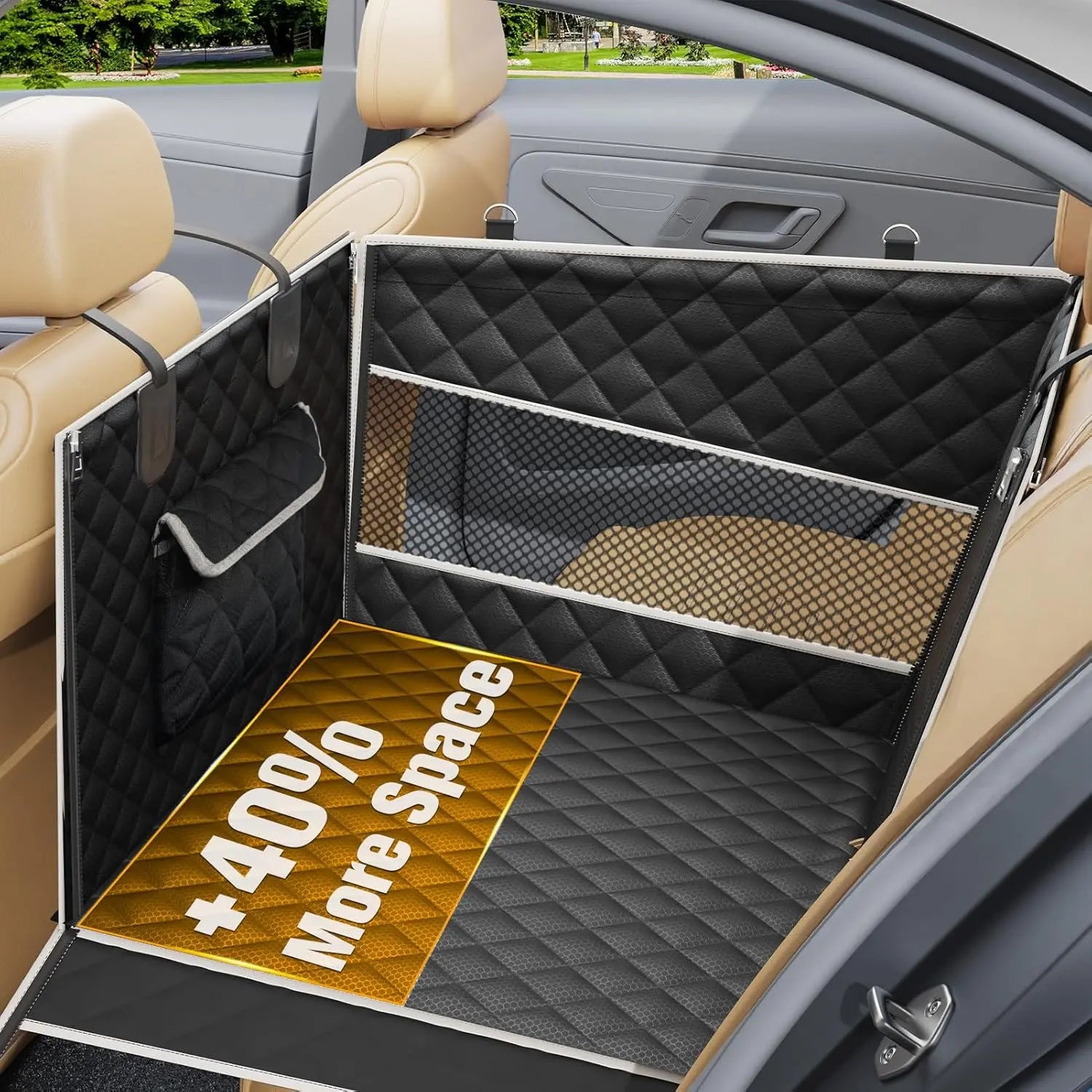 PETICON Premium Dog Car Seat for Medium to Large Breeds, Hard Bottom Back Seat Extender with Dual Mesh Windows, Waterproof Design and Storage Pocket for Vehicles, SUVs, and Trucks