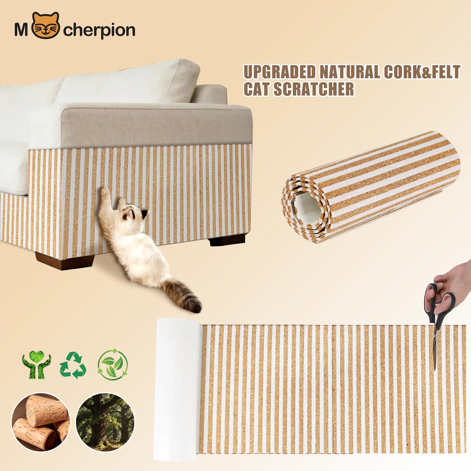 Enhanced Natural Cork and Felt Cat Scratching Mat, Durable Furniture Protector with 3M Adhesive, Customizable Fit for Sofa, Floor, and Wall, Eco-Friendly Cat Toy by Mocherpion