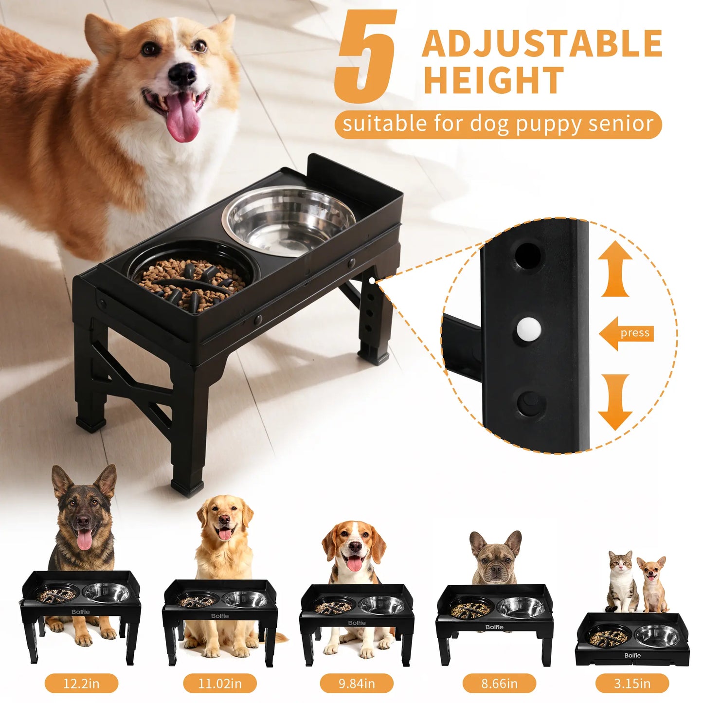 Adjustable Elevated Dog Bowl Stand with 2 Stainless Steel Bowls and 1 Slow Feeder, Suitable for Small to Large Dogs (Height Adjustable from 3.2" to 12.2")