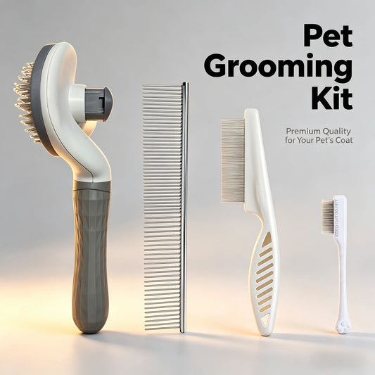 Professional Pet Grooming Kit - 4-Piece Set with Self-Cleaning Slicker Brush, Dual-Sided Stainless Steel Dematting Comb, Tear Stain Comb, and Fur Removal Tool for Dogs and Cats of All Hair Types