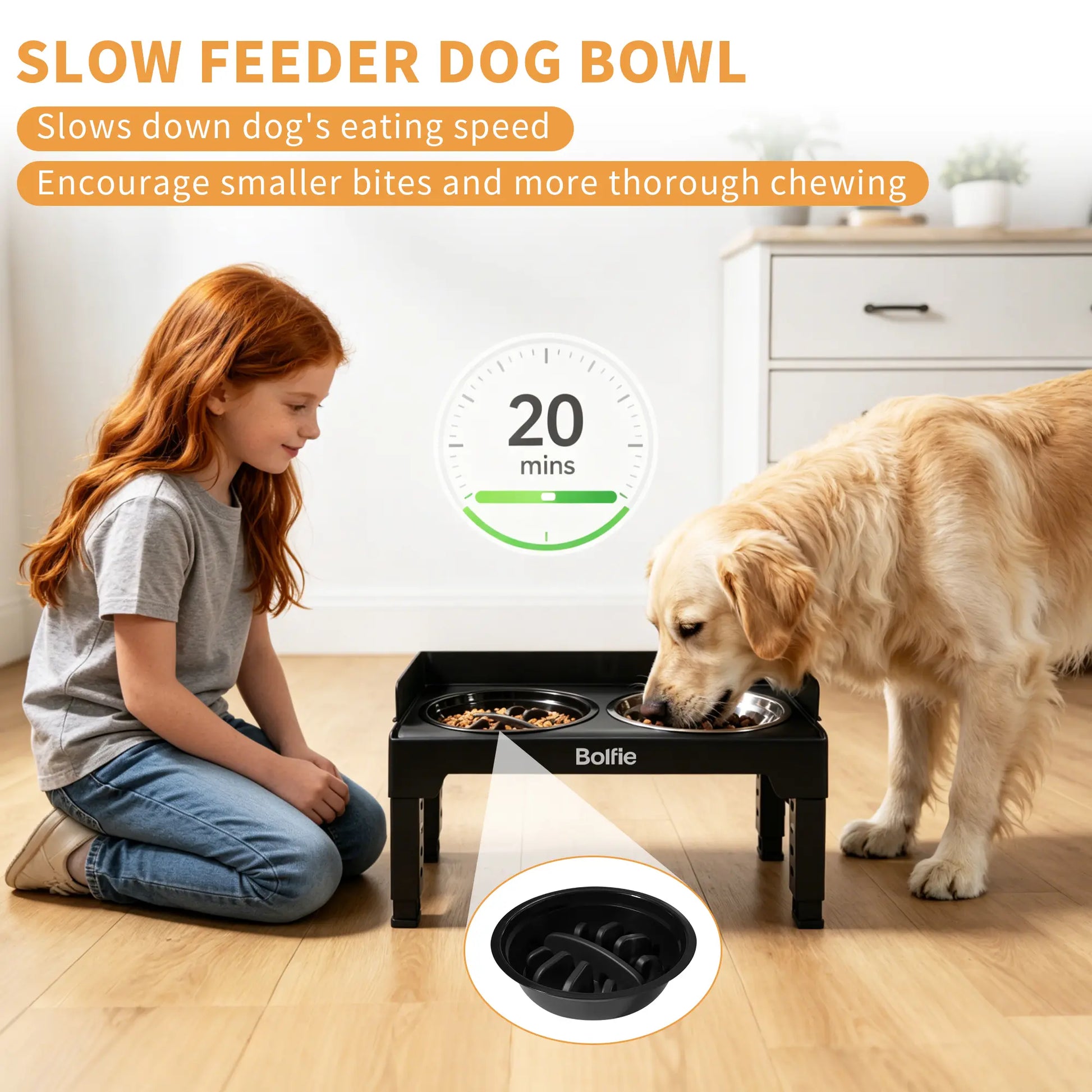Adjustable Elevated Dog Bowl Stand with 2 Stainless Steel Bowls and 1 Slow Feeder, Suitable for Small to Large Dogs (Height Adjustable from 3.2" to 12.2")
