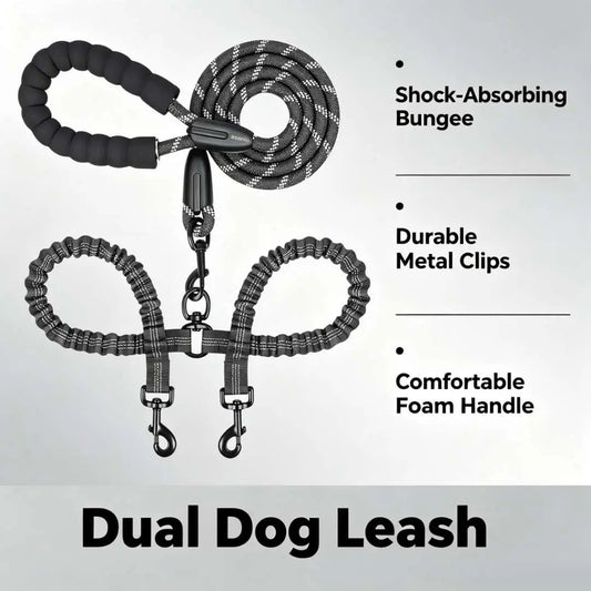 Dual Dog Leash - Tangle-Free, Shock-Absorbing Bungee Leash with Reflective Strips for Small, Medium, and Large Dogs, Compatible with No Pull Harnesses