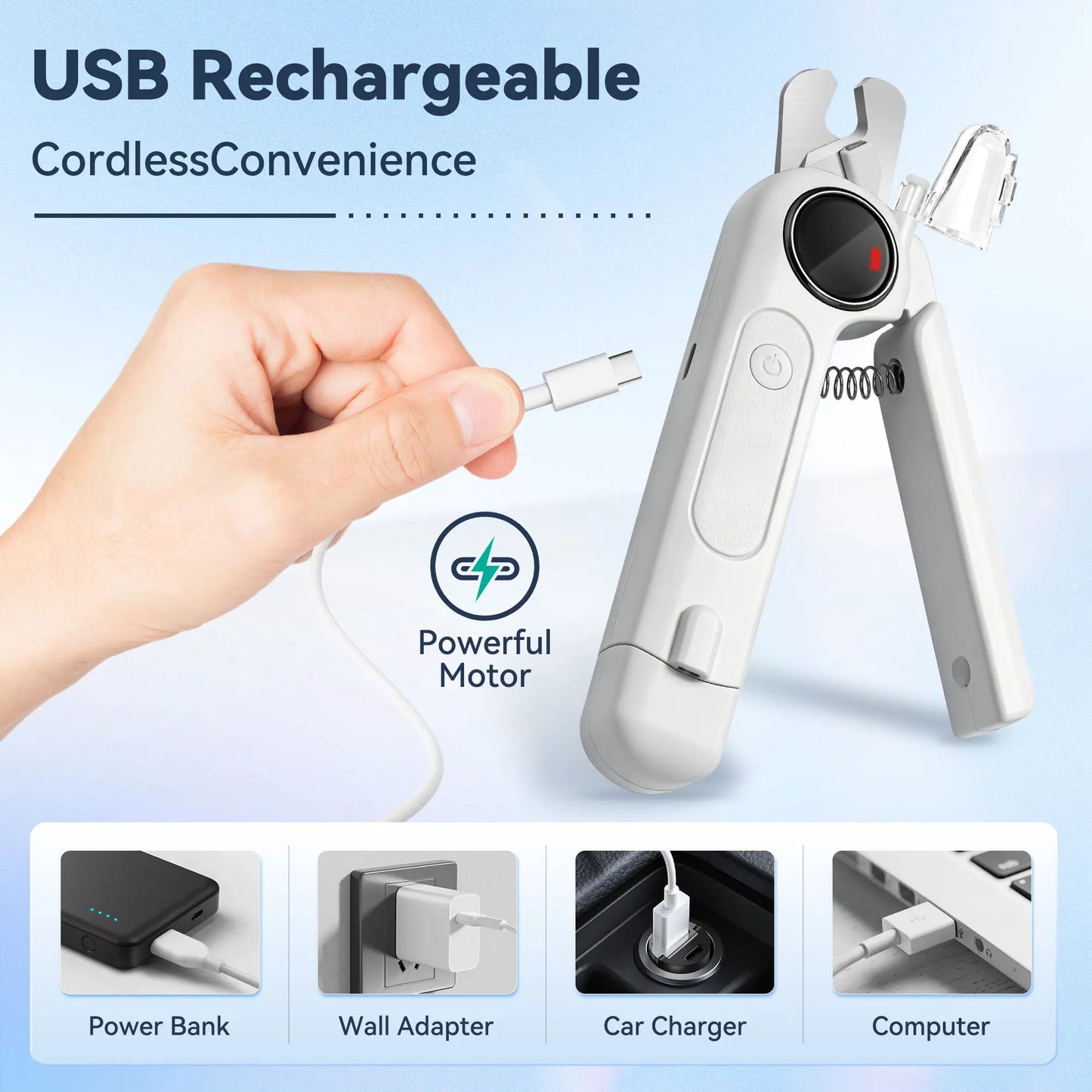 2-in-1 Rechargeable Dog and Cat Nail Clippers with Grinder and LED Light, Quiet Operation, 3 Speed Settings, Safety Lock, and Splash Guard, White