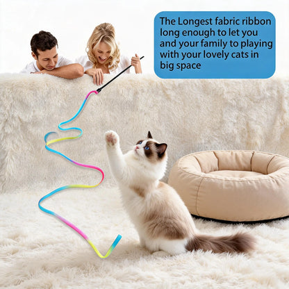Interactive Cat Ribbon Wand Toy - Rainbow Teaser String for Kittens, High-Elastic Wand with Soft Satin Charmer, Ideal Gift for Indoor Cat Exercise