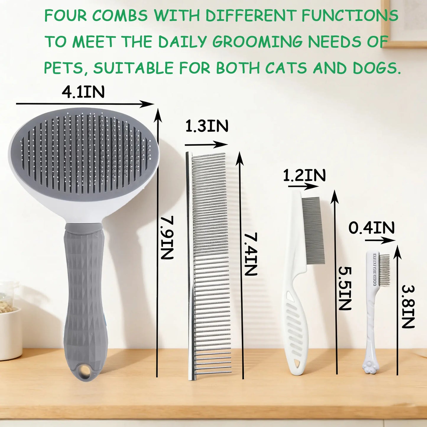 Professional Pet Grooming Kit - 4-Piece Set with Self-Cleaning Slicker Brush, Dual-Sided Stainless Steel Dematting Comb, Tear Stain Comb, and Fur Removal Tool for Dogs and Cats of All Hair Types