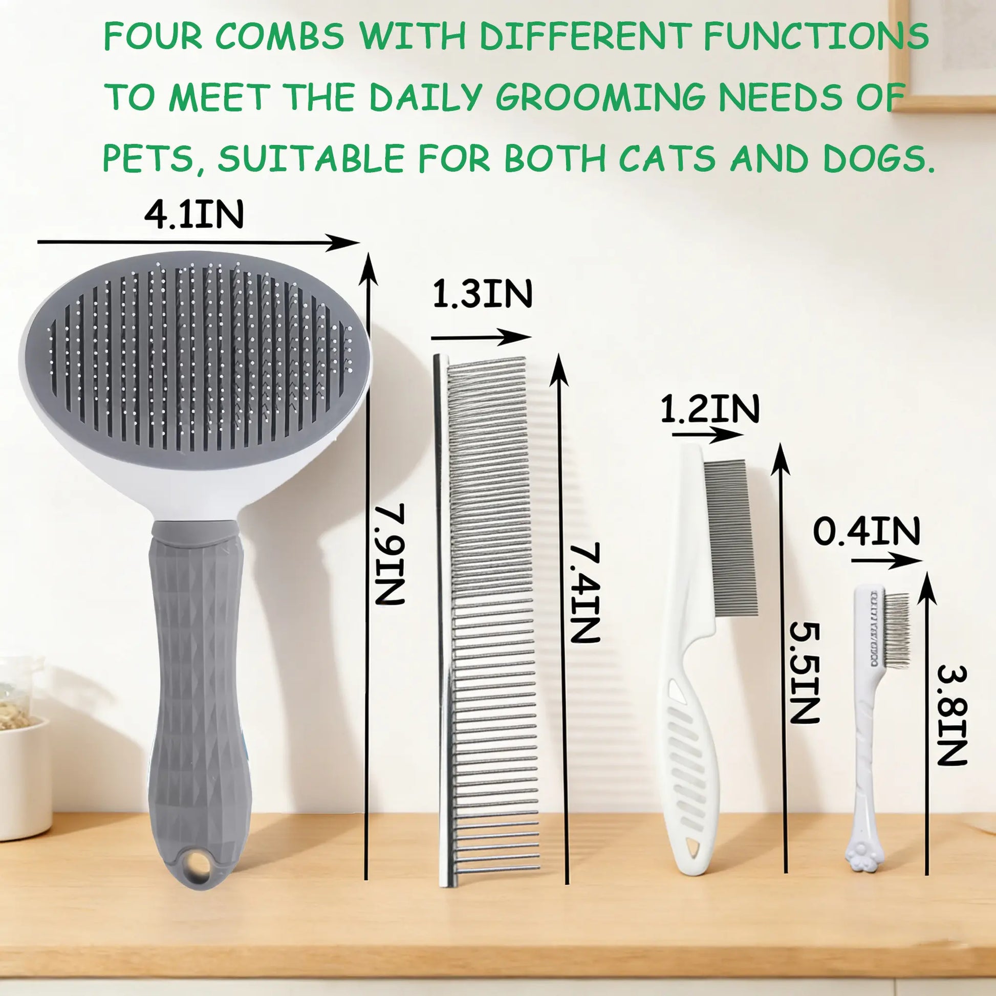 Professional Pet Grooming Kit - 4-Piece Set with Self-Cleaning Slicker Brush, Dual-Sided Stainless Steel Dematting Comb, Tear Stain Comb, and Fur Removal Tool for Dogs and Cats of All Hair Types