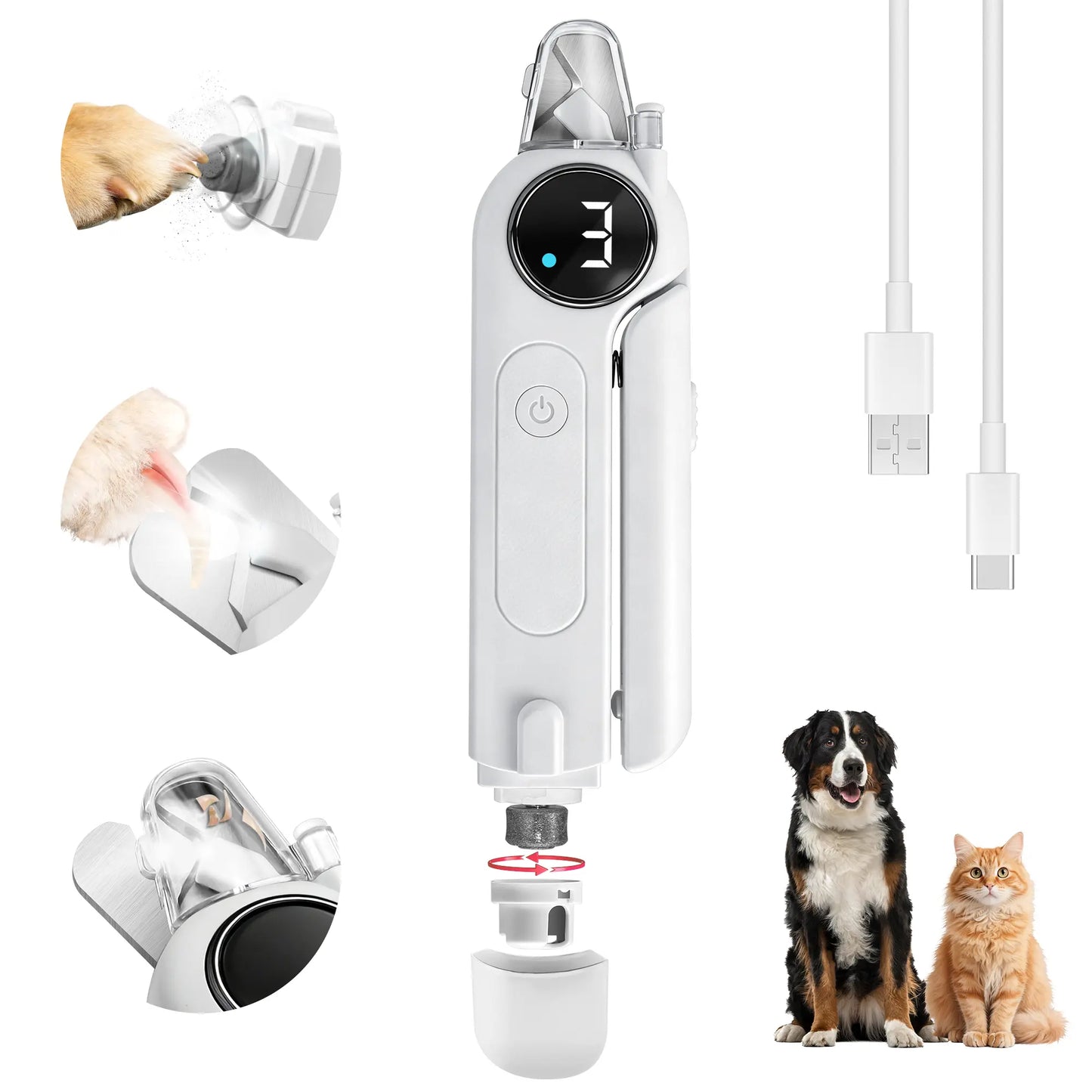 2-in-1 Rechargeable Dog and Cat Nail Clippers with Grinder and LED Light, Quiet Operation, 3 Speed Settings, Safety Lock, and Splash Guard, White