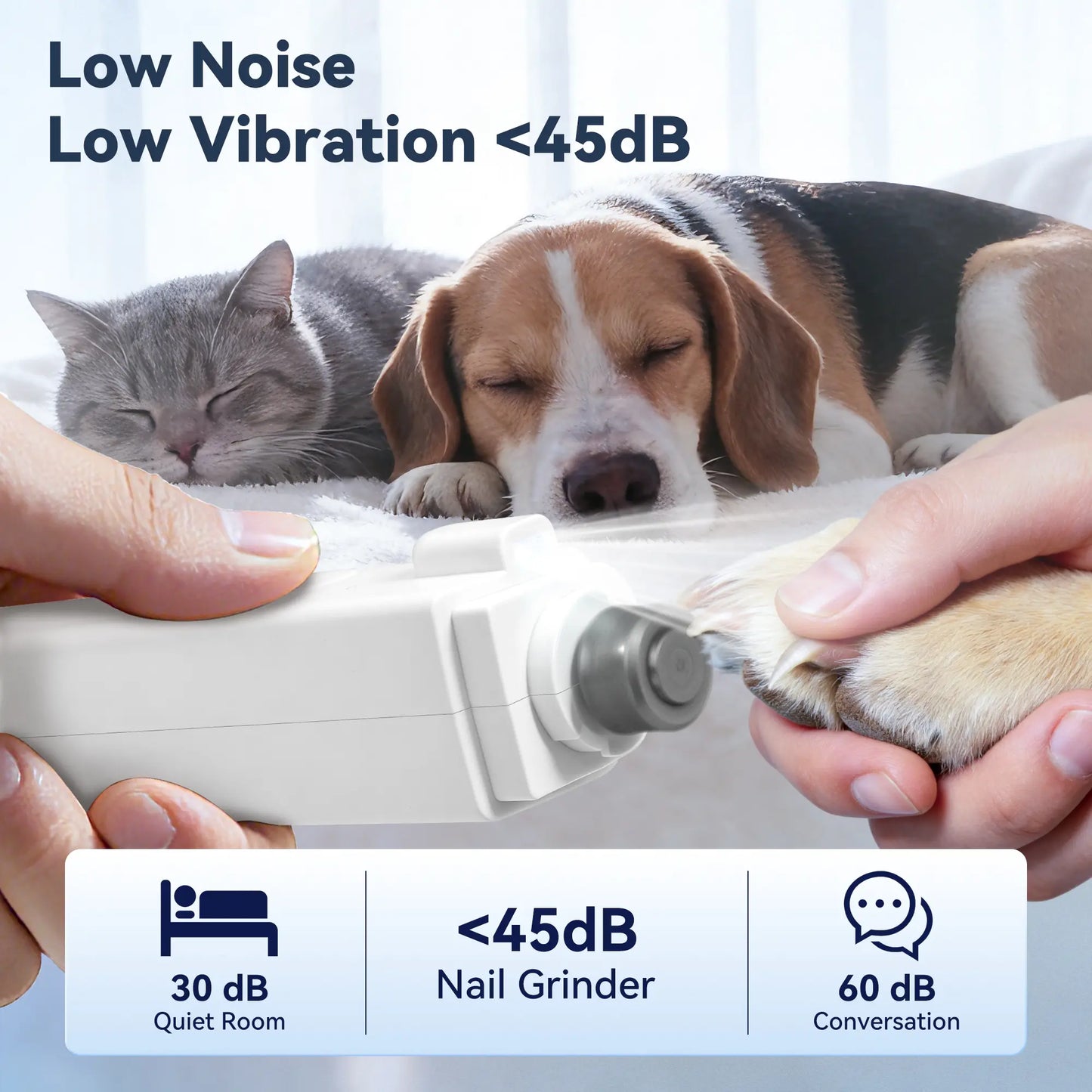 2-in-1 Rechargeable Dog and Cat Nail Clippers with Grinder and LED Light, Quiet Operation, 3 Speed Settings, Safety Lock, and Splash Guard, White