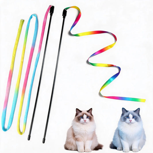 Interactive Cat Ribbon Wand Toy - Rainbow Teaser String for Kittens, High-Elastic Wand with Soft Satin Charmer, Ideal Gift for Indoor Cat Exercise