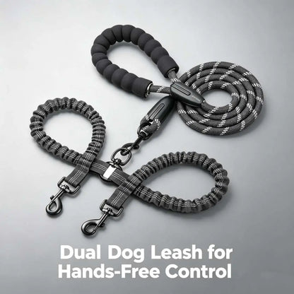 Dual Dog Leash - Tangle-Free, Shock-Absorbing Bungee Leash with Reflective Strips for Small, Medium, and Large Dogs, Compatible with No Pull Harnesses