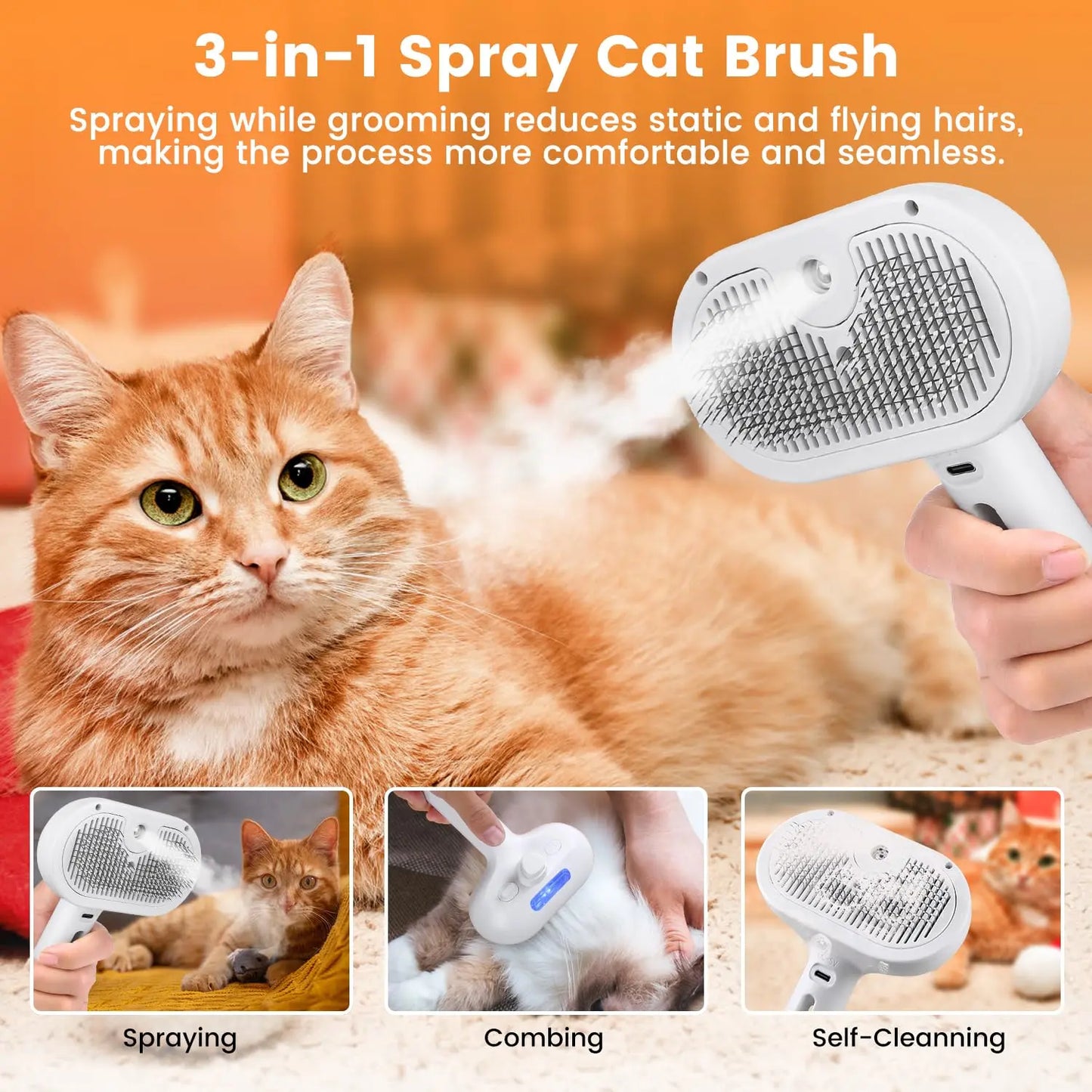 3-in-1 Steam Pet Grooming Brush for Dogs and Cats - Effective Tool for Removing Tangled Loose Hair from Long and Short Fur