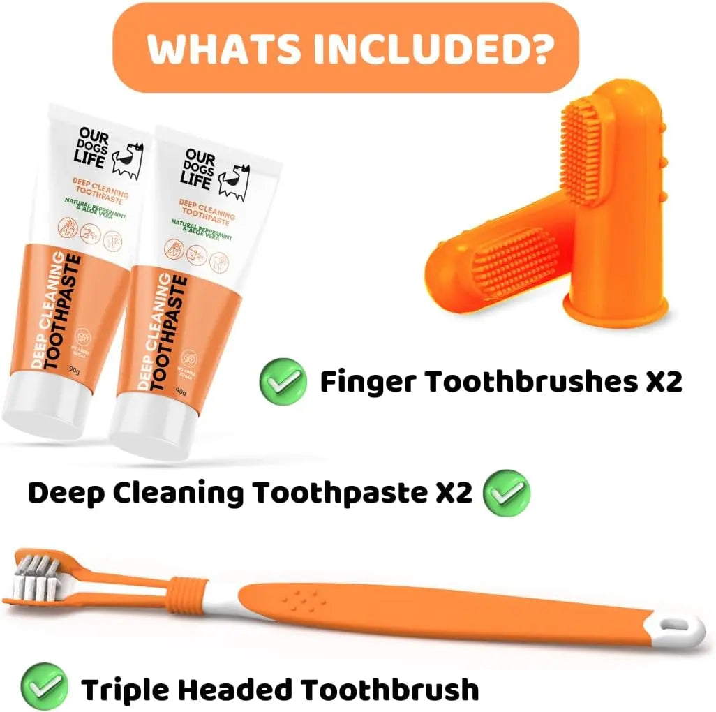 Dog Tooth Brushing Kit Five-Piece Set with Toothbrush, Toothpaste & Finger Brushes - Pet Oral Care - 1 Triple-Head Deep Cleaning Dog Toothbrush, Two 100% Natural 90G Toothpastes, Two Finger Brushes - Freshens Breath, Removes Plaque