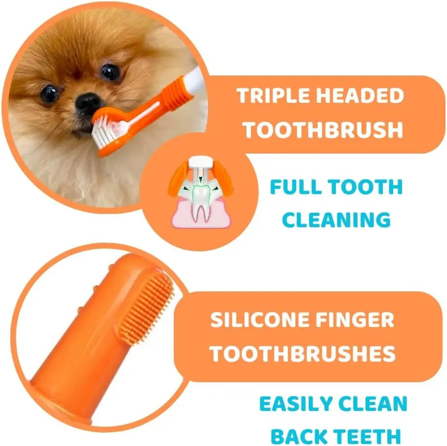 Dog Tooth Brushing Kit Five-Piece Set with Toothbrush, Toothpaste & Finger Brushes - Pet Oral Care - 1 Triple-Head Deep Cleaning Dog Toothbrush, Two 100% Natural 90G Toothpastes, Two Finger Brushes - Freshens Breath, Removes Plaque