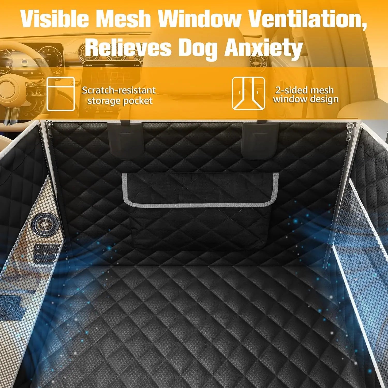 PETICON Premium Dog Car Seat for Medium to Large Breeds, Hard Bottom Back Seat Extender with Dual Mesh Windows, Waterproof Design and Storage Pocket for Vehicles, SUVs, and Trucks