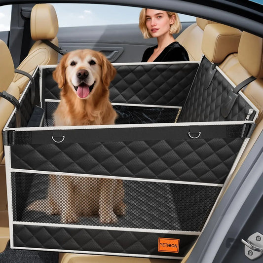 PETICON Premium Dog Car Seat for Medium to Large Breeds, Hard Bottom Back Seat Extender with Dual Mesh Windows, Waterproof Design and Storage Pocket for Vehicles, SUVs, and Trucks