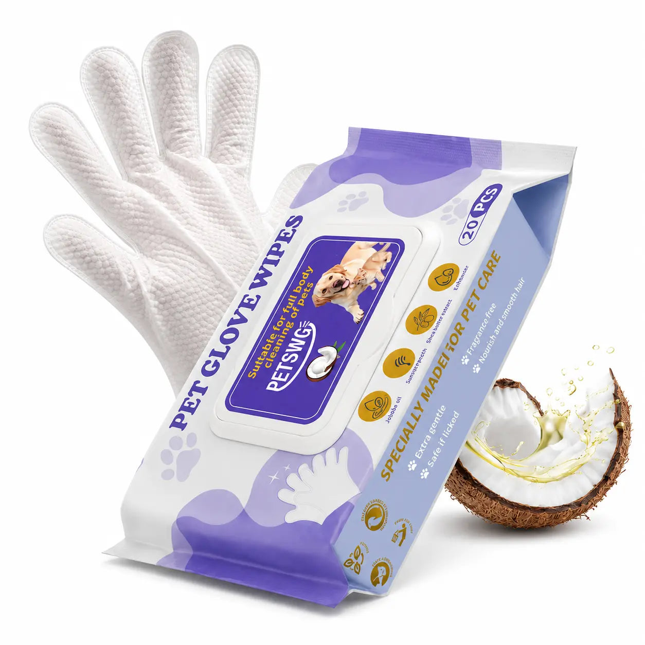 20-Piece Hypoallergenic Pet Cleaning Gloves and Coconut Oil Grooming Wipes for Deodorizing and Bathing Dogs
