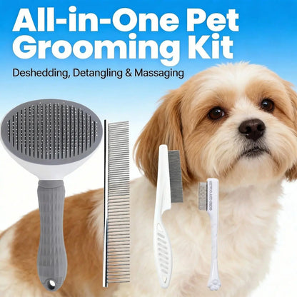 Professional Pet Grooming Kit - 4-Piece Set with Self-Cleaning Slicker Brush, Dual-Sided Stainless Steel Dematting Comb, Tear Stain Comb, and Fur Removal Tool for Dogs and Cats of All Hair Types