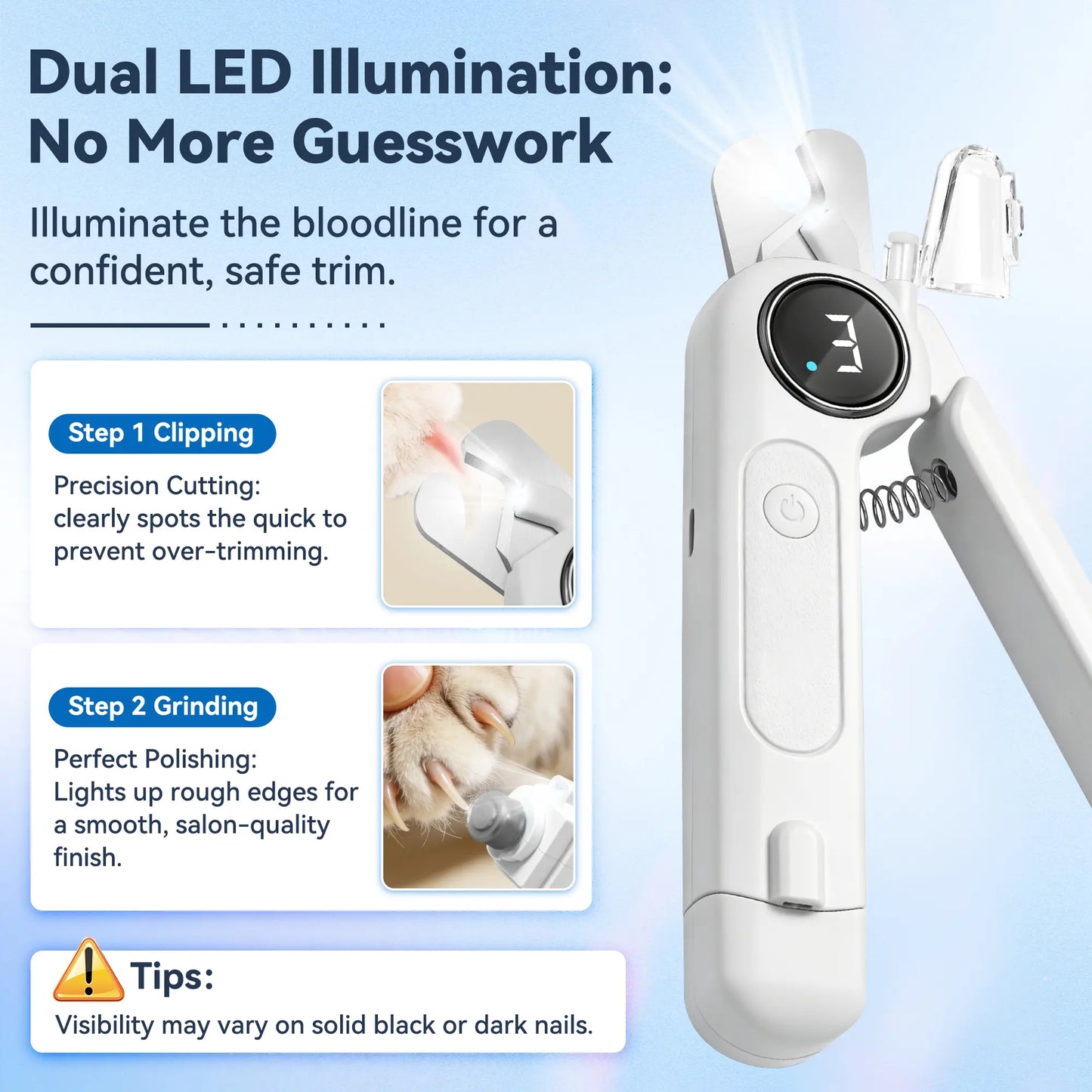 2-in-1 Rechargeable Dog and Cat Nail Clippers with Grinder and LED Light, Quiet Operation, 3 Speed Settings, Safety Lock, and Splash Guard, White