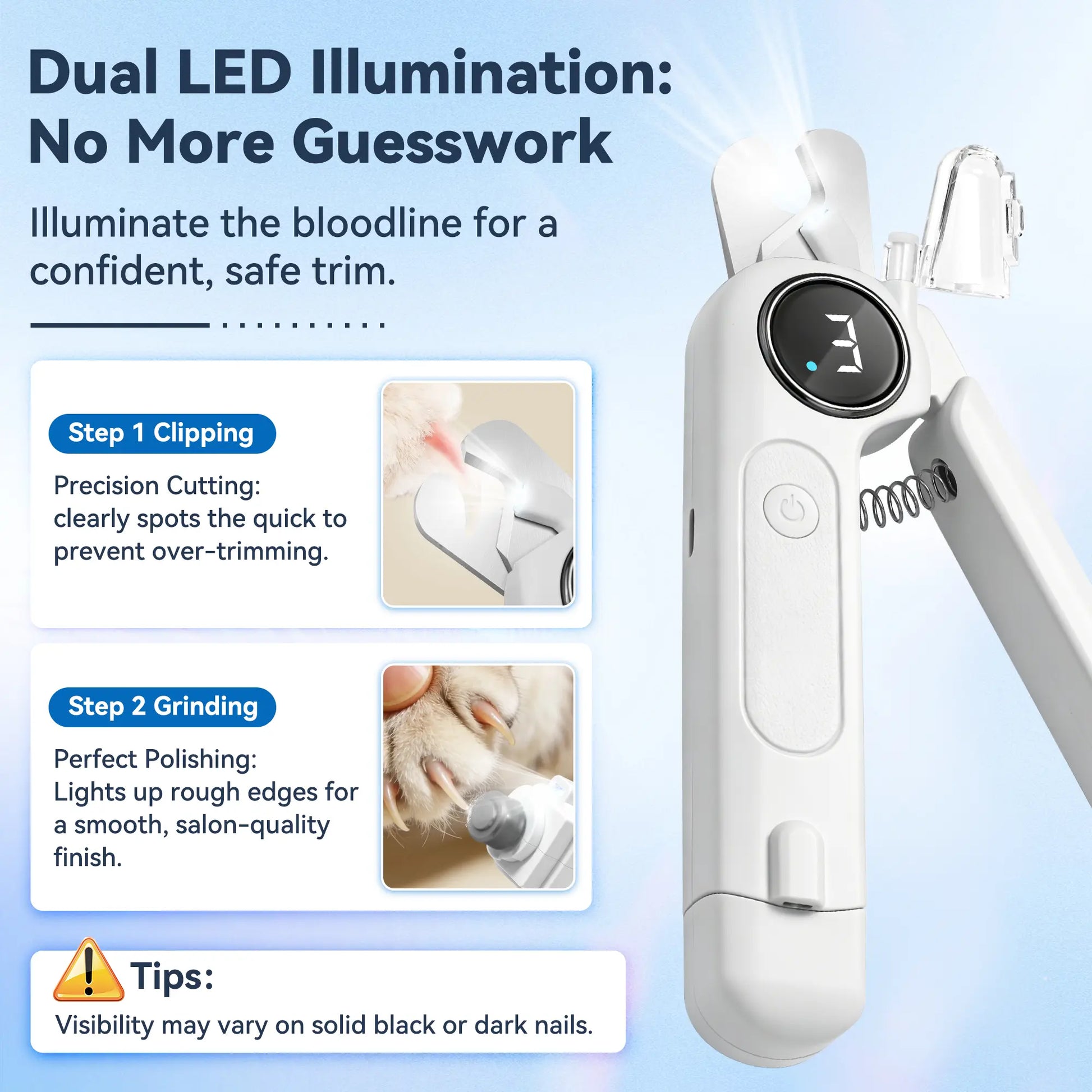 2-in-1 Rechargeable Dog and Cat Nail Clippers with Grinder and LED Light, Quiet Operation, 3 Speed Settings, Safety Lock, and Splash Guard, White
