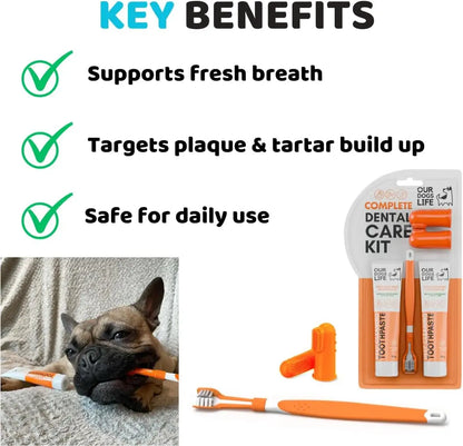 Dog Tooth Brushing Kit Five-Piece Set with Toothbrush, Toothpaste & Finger Brushes - Pet Oral Care - 1 Triple-Head Deep Cleaning Dog Toothbrush, Two 100% Natural 90G Toothpastes, Two Finger Brushes - Freshens Breath, Removes Plaque