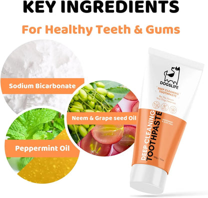 Dog Tooth Brushing Kit Five-Piece Set with Toothbrush, Toothpaste & Finger Brushes - Pet Oral Care - 1 Triple-Head Deep Cleaning Dog Toothbrush, Two 100% Natural 90G Toothpastes, Two Finger Brushes - Freshens Breath, Removes Plaque