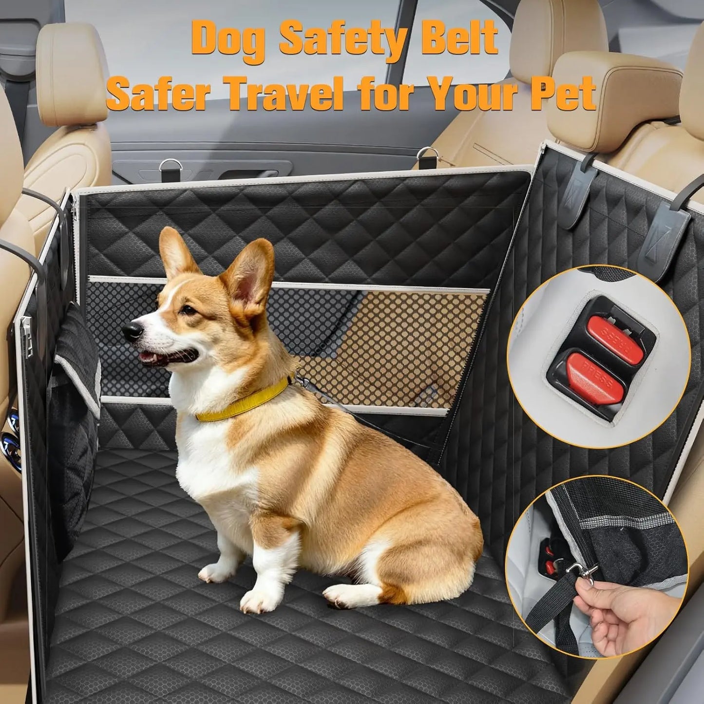 PETICON Premium Dog Car Seat for Medium to Large Breeds, Hard Bottom Back Seat Extender with Dual Mesh Windows, Waterproof Design and Storage Pocket for Vehicles, SUVs, and Trucks