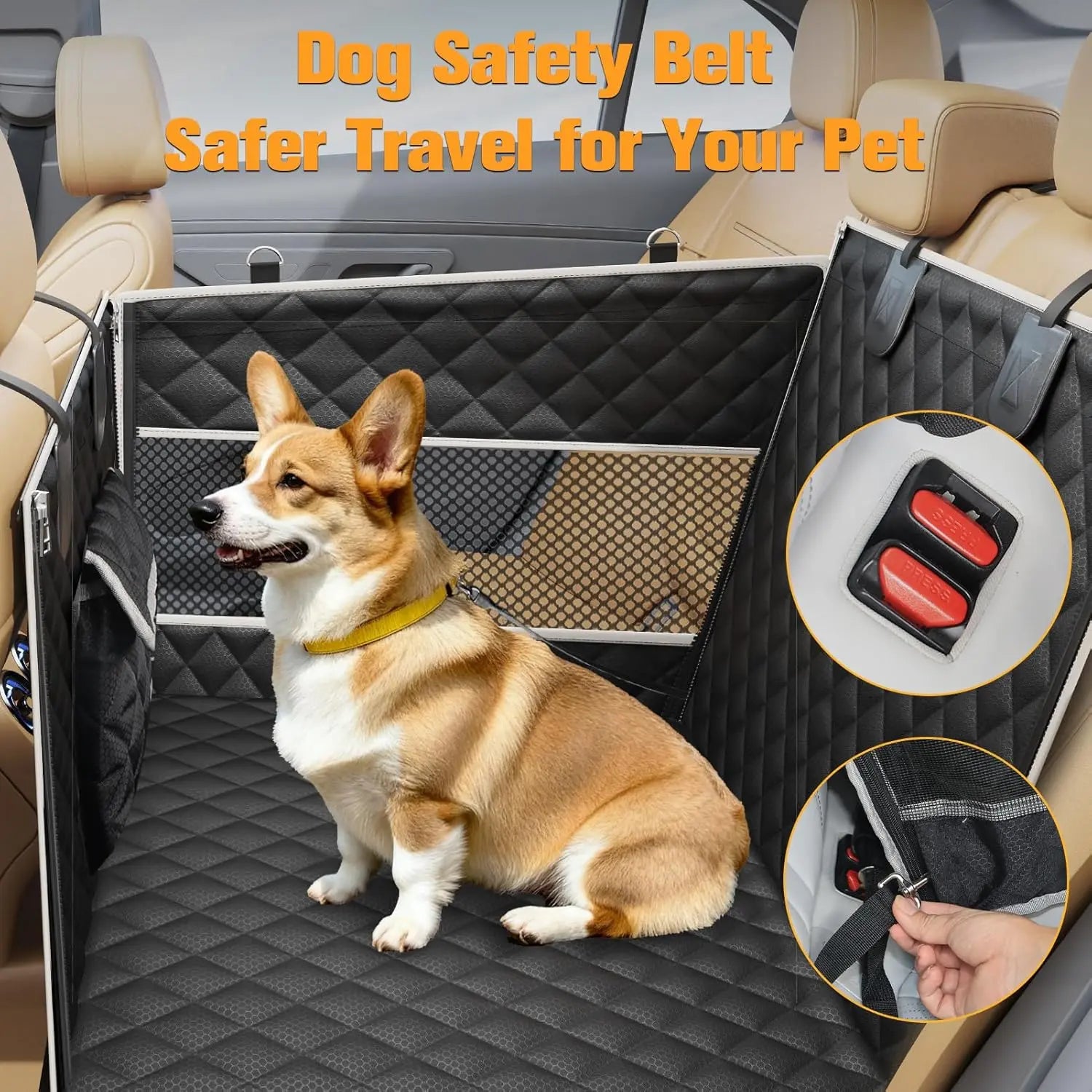 PETICON Premium Dog Car Seat for Medium to Large Breeds, Hard Bottom Back Seat Extender with Dual Mesh Windows, Waterproof Design and Storage Pocket for Vehicles, SUVs, and Trucks