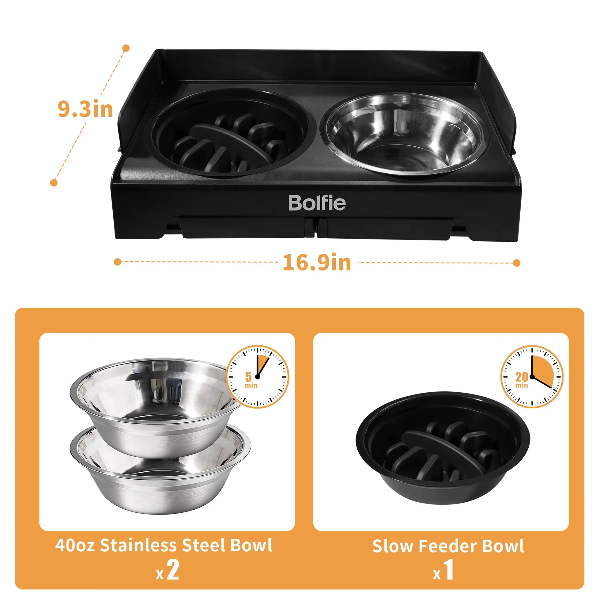Adjustable Elevated Dog Bowl Stand with 2 Stainless Steel Bowls and 1 Slow Feeder, Suitable for Small to Large Dogs (Height Adjustable from 3.2" to 12.2")